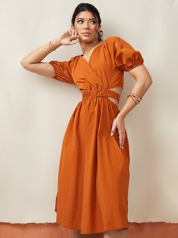 Cuffed Sleeves CutOut Waist Detail ALine Midi Dress Styli