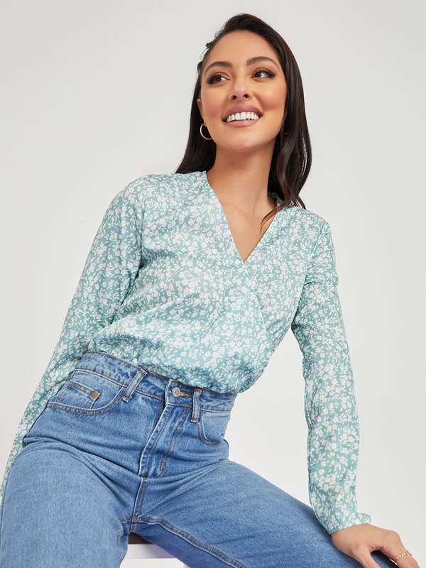 Long Sleeves Floral Print V Neck Bodysuit Styli