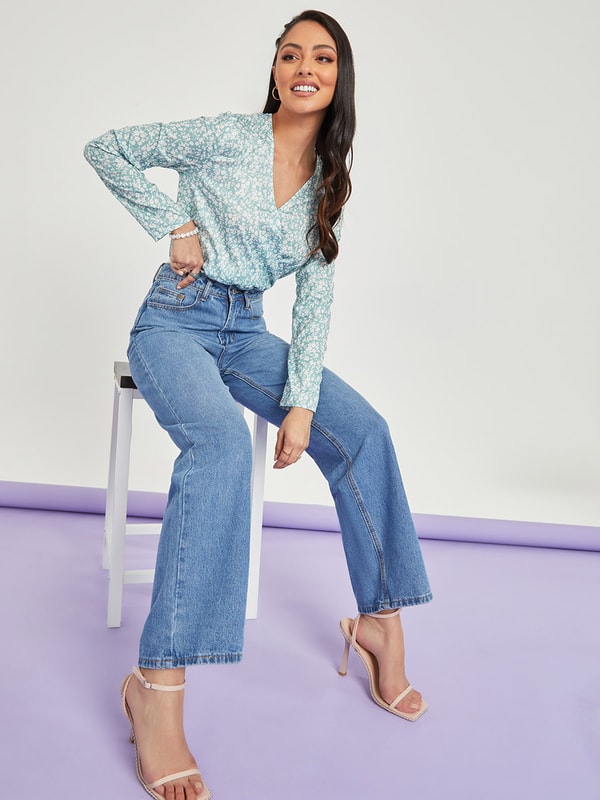 Long Sleeves Floral Print V Neck Bodysuit Styli