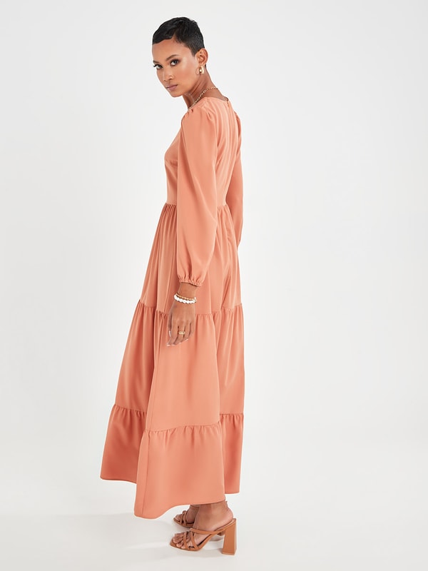 Cuffed Sleeves V Neck Tiered Maxi Dress Styli