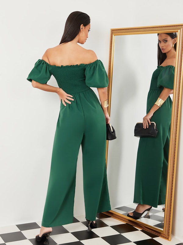 Green off the shoulder jumpsuit cheap