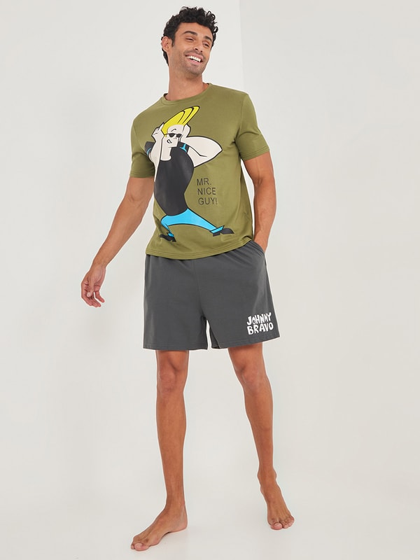 Buy Johnny Bravo Character Print T shirt and Shorts Set Olive For Men Styli Saudi