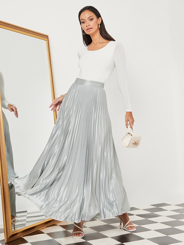 Buy High Rise Pleated Satin Maxi Skirt Silver For Women | Styli Saudi