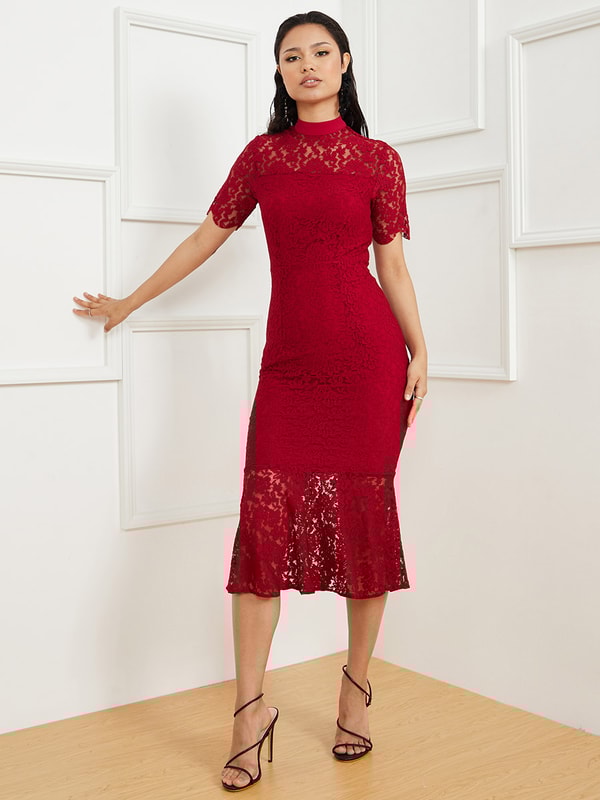 Short Sleeves Lace Insert High Neck Sheath Midi Dress
