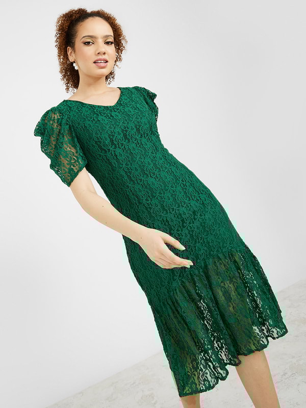 Short Sleeves Lace Insert Sheath Midi Dress