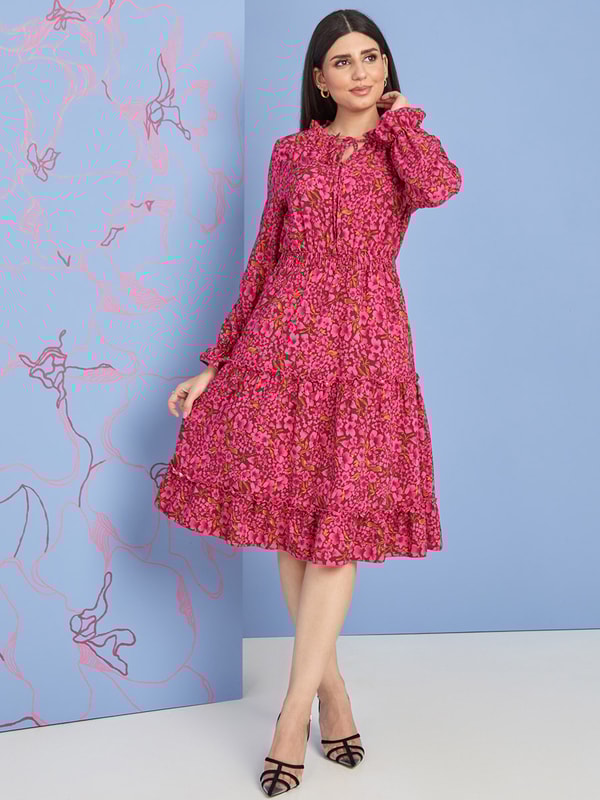 Buy Frill Cuff Long Sleeves Floral Print Tiered Knee Length Dress Pink For Women Styli UAE