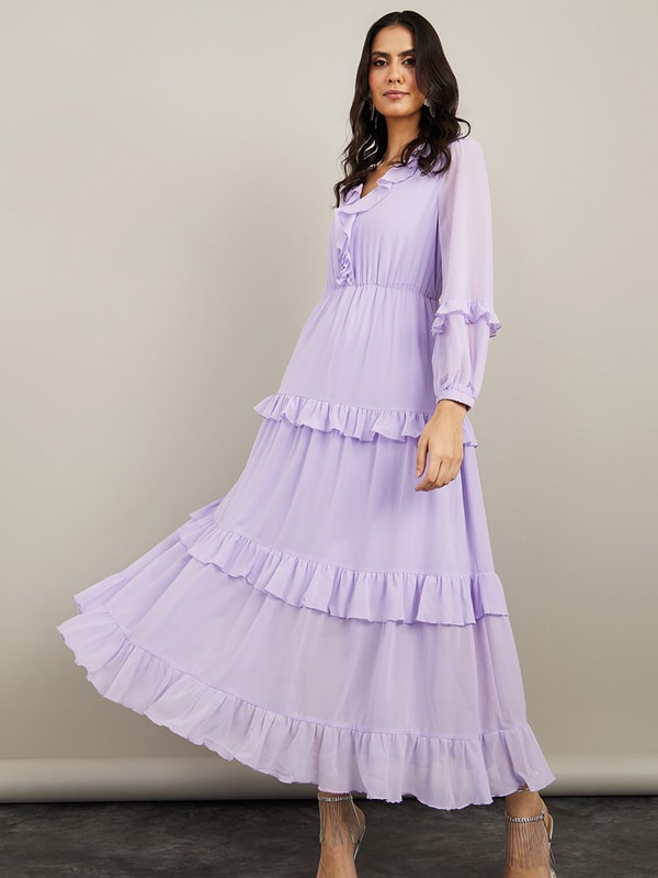 Premium Long Sleeves Ruffle Detail Tiered Maxi Dress For