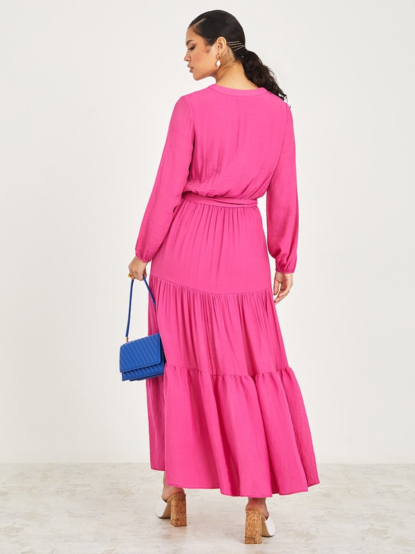 Buy Long Sleeves Solid Tiered Maxi Dress with Belt Pink For