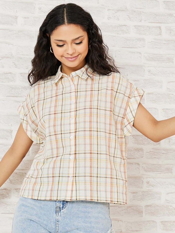 buy-roll-up-sleeves-front-button-checked-plaid-shirt-yellow-for-women