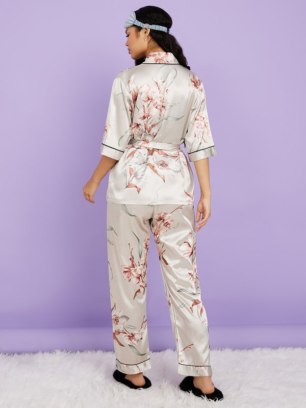 Floral Print Piped Wrap Belted Shirt and Pyjama Set Styli