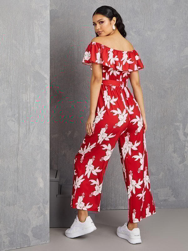 Flower embroidery off online shoulder wide leg jumpsuit