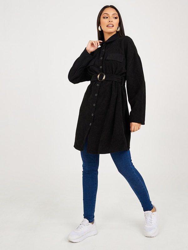 Corduroy Longline Belted Jacket For Women at UAE | Styli