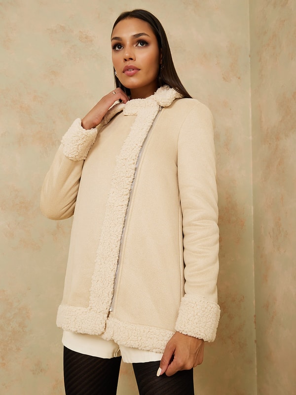 Suede coat with faux fur lining on sale