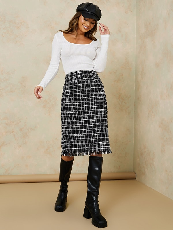 Buy High Waist Tweed Midi Skirt Black For Women Styli Kuwait