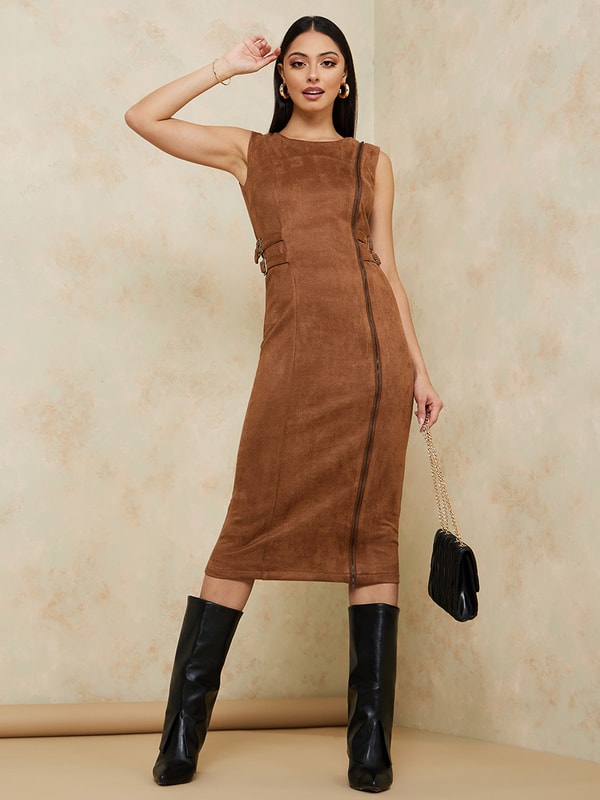 Suede Look Buckle and Zip Detail Bodycon Midi Dress For Women at Saudi |  Styli