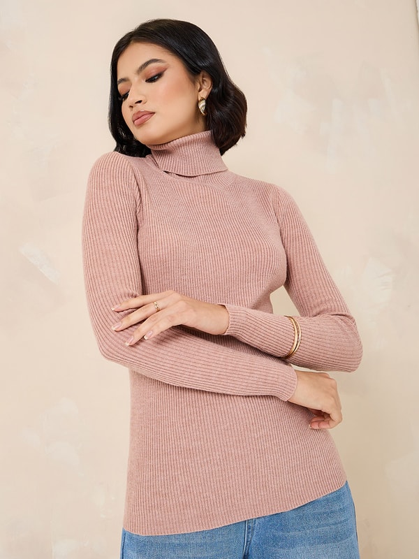 Styli Sweater : Buy Styli Red Turtle Neck Rib Fitted Sweater With Ruffle  Sleeves Online