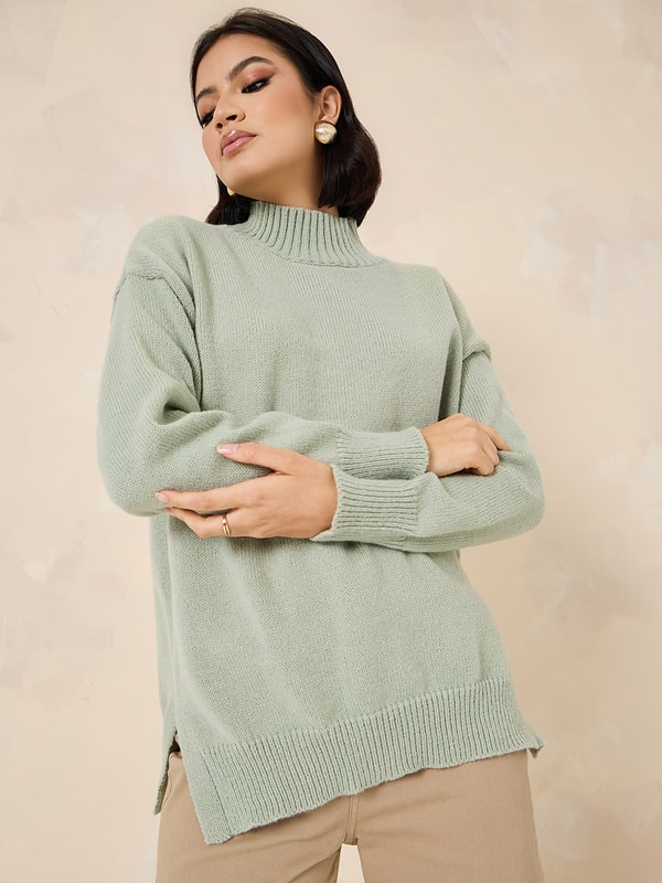 ENFOLD◉HIGH-NECK SLIT PULLOVER Buy Oversized High Neck Sweater with Side Slit Green For