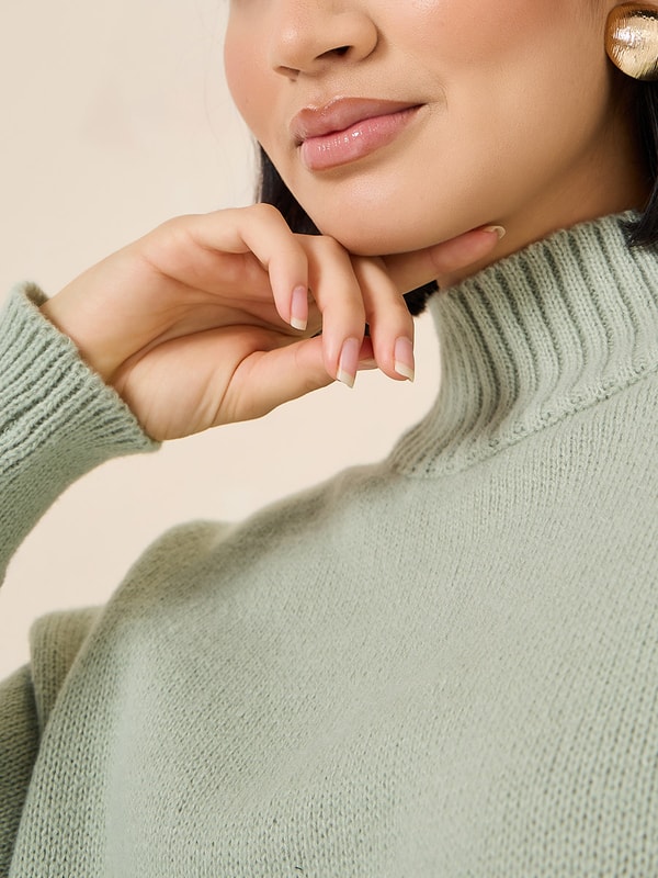 Buy Oversized High Neck Sweater with Side Slit Green For