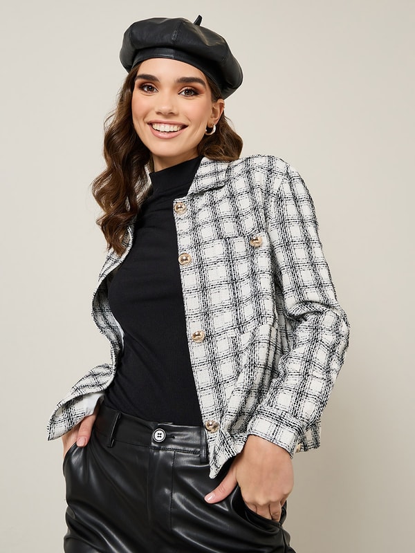 Tweed Button Down Short Length Jacket | Styli