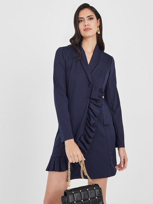 Long Sleeves Pleated Trim Blazer Midi Dress