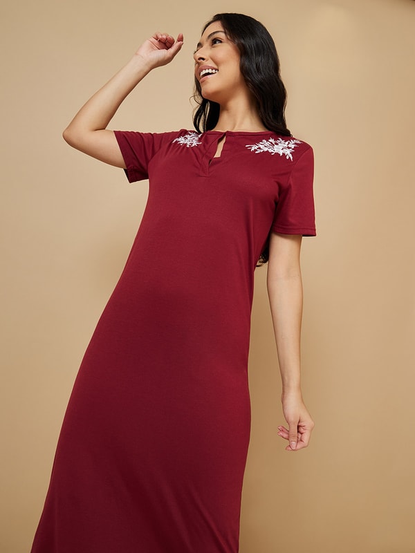 Buy Floral Embroidered Placket Sleep TShirt Dress Burgundy For Women
