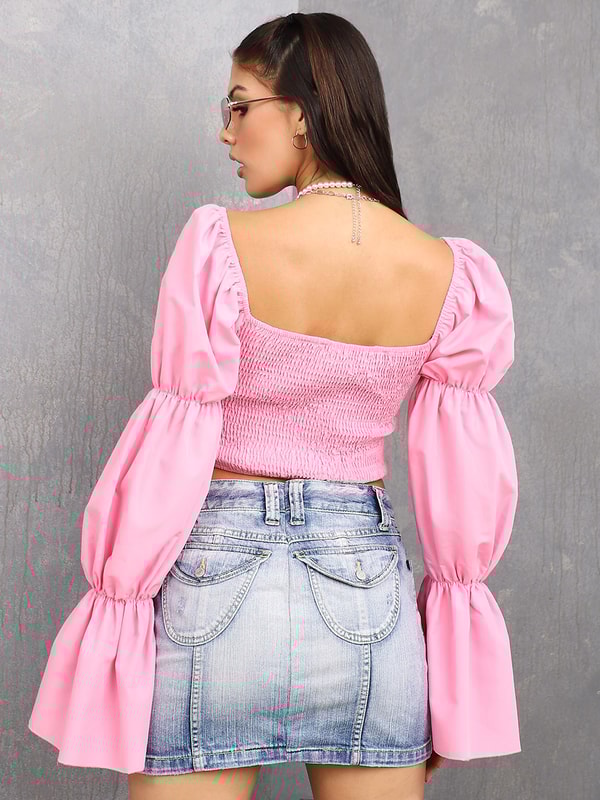 美人トップス　ペタルスリープ（マシュマロピンク） Buy Volume Marie Sleeves Sweetheart Neck Crop Blouse Pink
