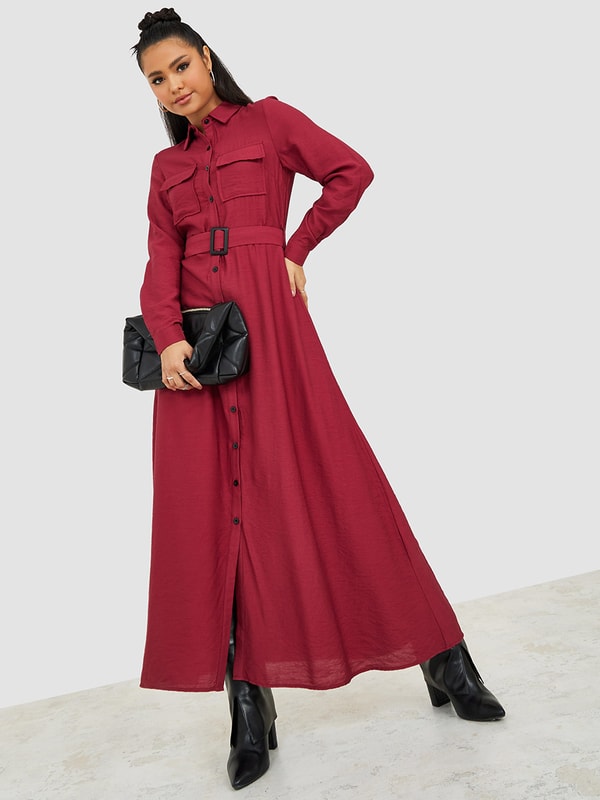 Buy Long Sleeves Button Through Shirt Maxi Dress with Belt Burgundy For Women Styli UAE