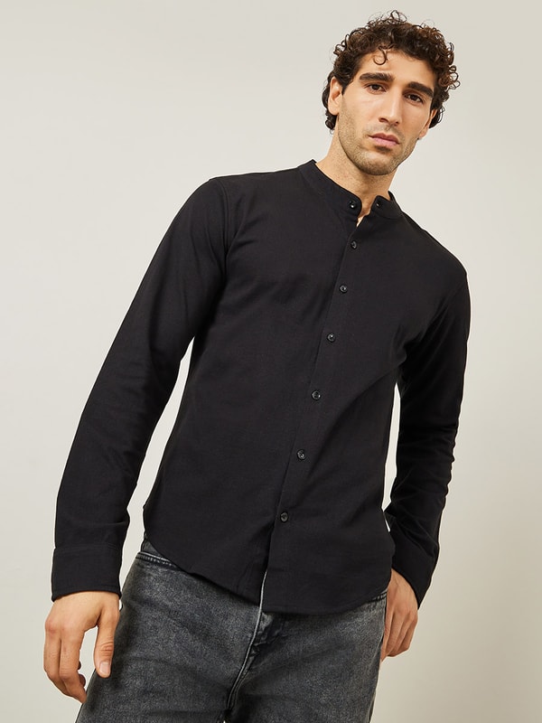 Black slim fit outlet grandad collar shirt