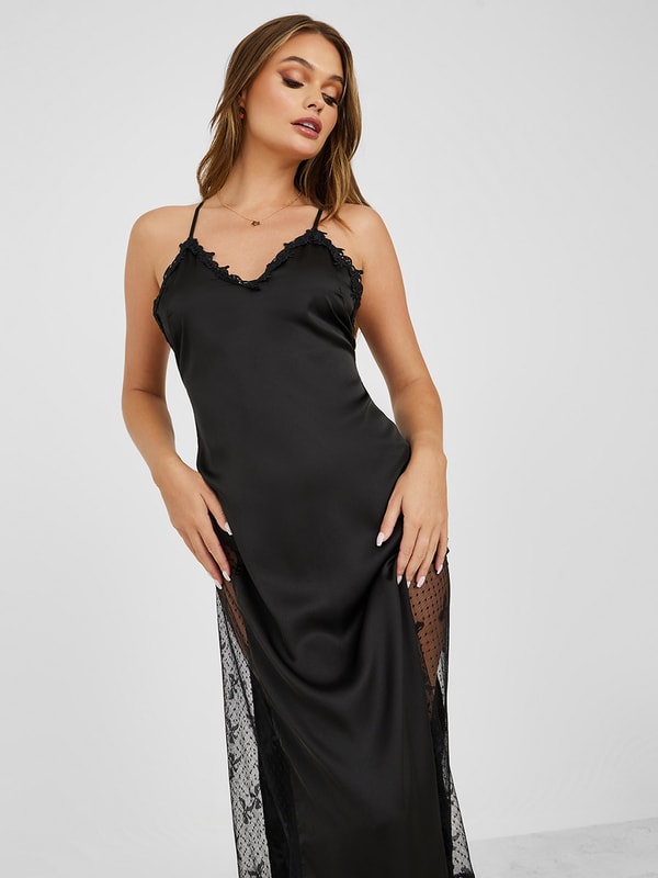 V Neck Satin Maxi Slip Dress with Low Back and Side Bow Spot