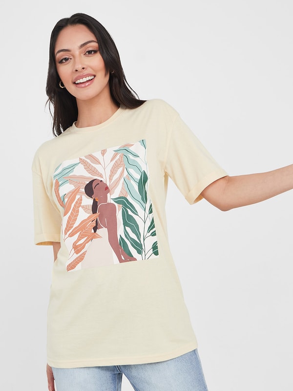 Oversized Girl In Nature Graphic Longline T-Shirt