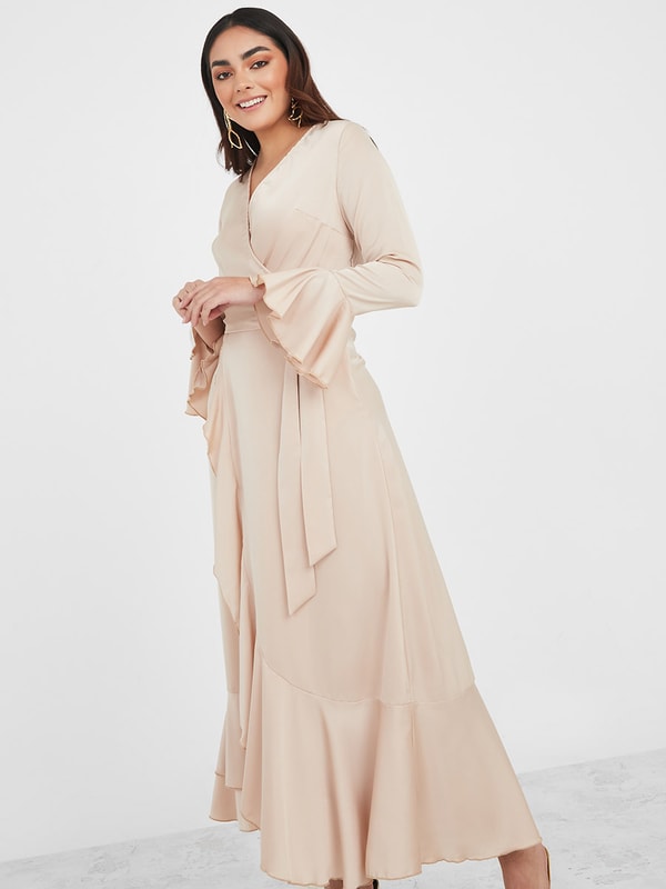 Bell Sleeve Wrap Front Maxi Dress with Tie Belt | Styli