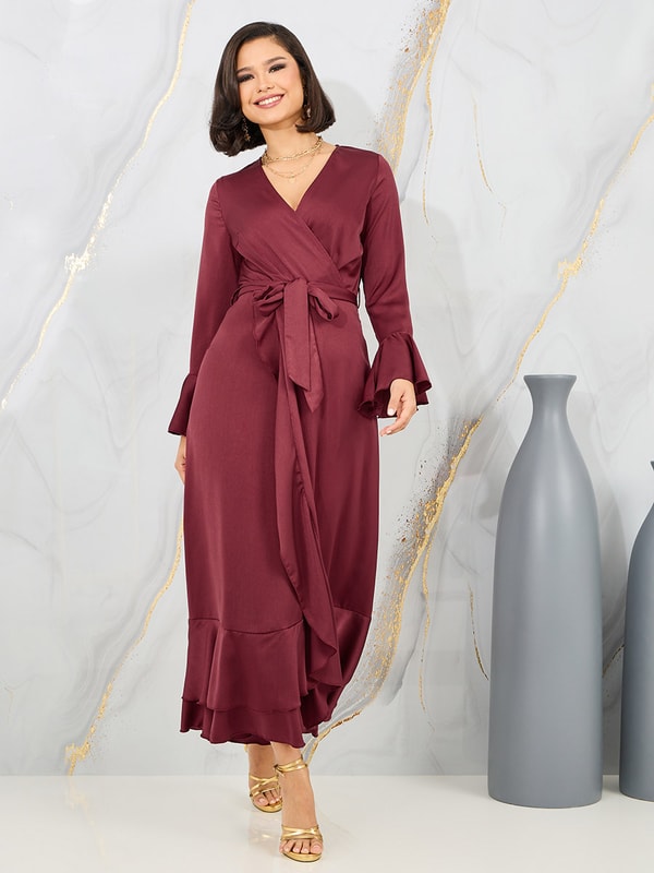 Buy Bell Sleeve Wrap Front Maxi Dress with Tie Belt Burgundy For Women Styli Saudi