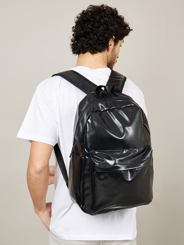 Black faux shop leather backpack mens