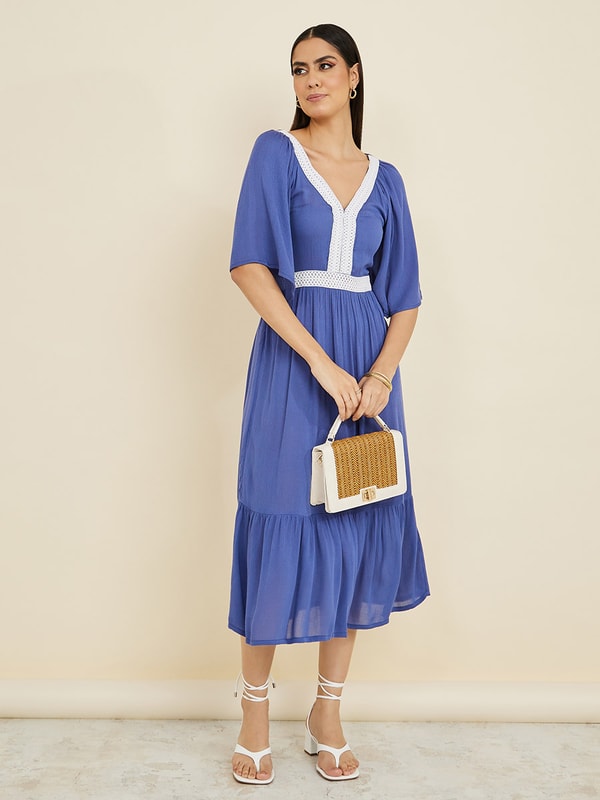Short Sleeves Lace Insert Cotton A-Line Midi Dress | Styli
