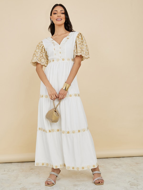 Embroidered Sleeve V Neck ALine Maxi Dress Styli
