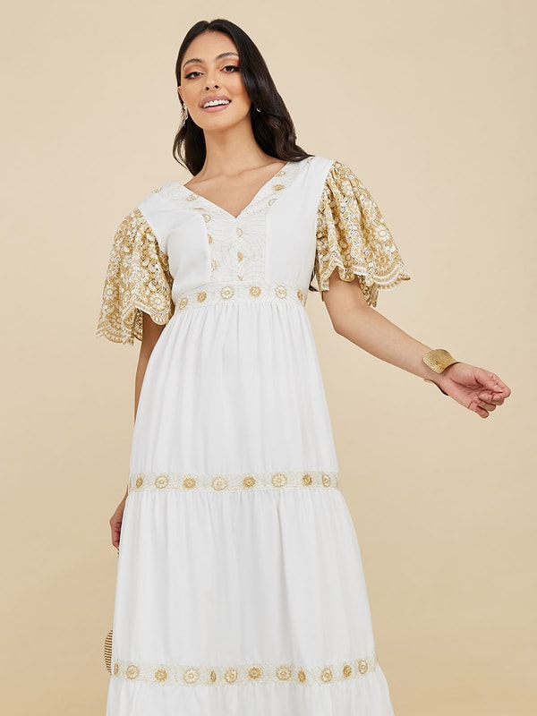 Embroidered Sleeve V Neck ALine Maxi Dress Styli