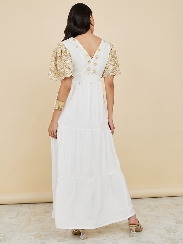 Embroidered Sleeve V Neck ALine Maxi Dress Styli