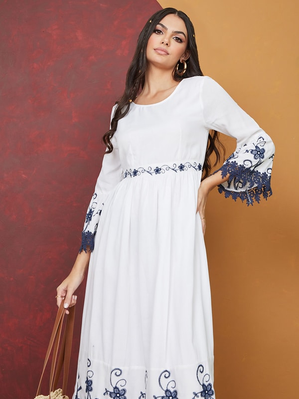 Buy Embroidered A Line Midi Dress White For Women Styli UAE