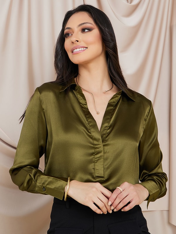 Solid Satin Collared Blouse | Styli