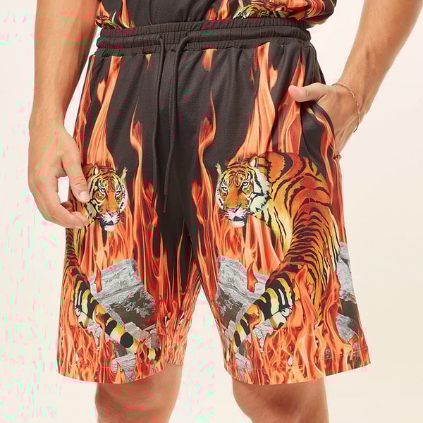 Tiger Print Mid Rise Shorts with Drawstring Closure Styli