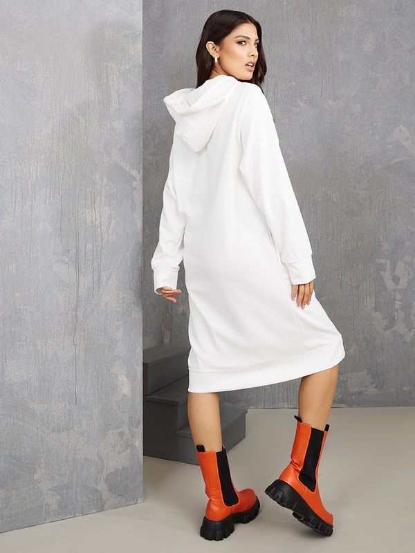 Buy Textured Knit Knee Length Hoodie Winter Dress White For