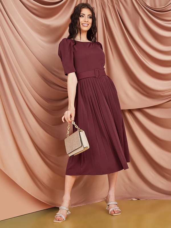 Puff Sleeves Belted Pleated A-Line Midi Dress For Women at Saudi | Styli Puff Sleeves Belted Pleated A-Line Midi Dress For Women at Saudi | Styli