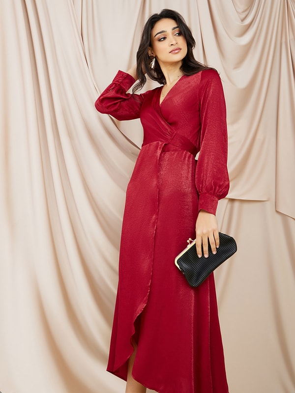 Solid Smooth Satin Wrap Maxi Dress For Women at Bahrain | Styli