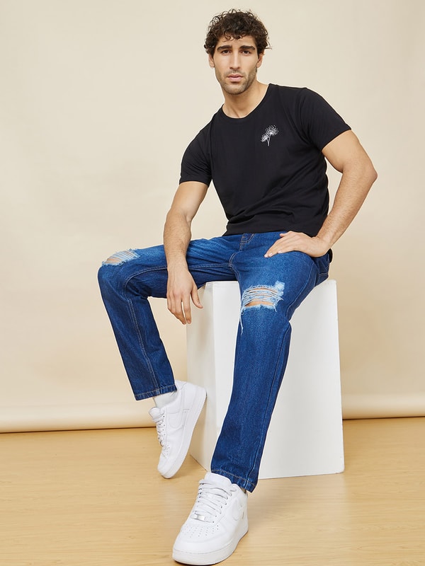 Buy Regular Fit Rigid Mid Wash Cotton Jeans Dark Blue For Men Styli Saudi