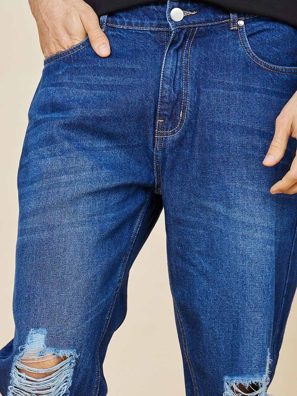Buy Regular Fit Rigid Mid Wash Cotton Jeans Dark Blue For Men Styli Saudi