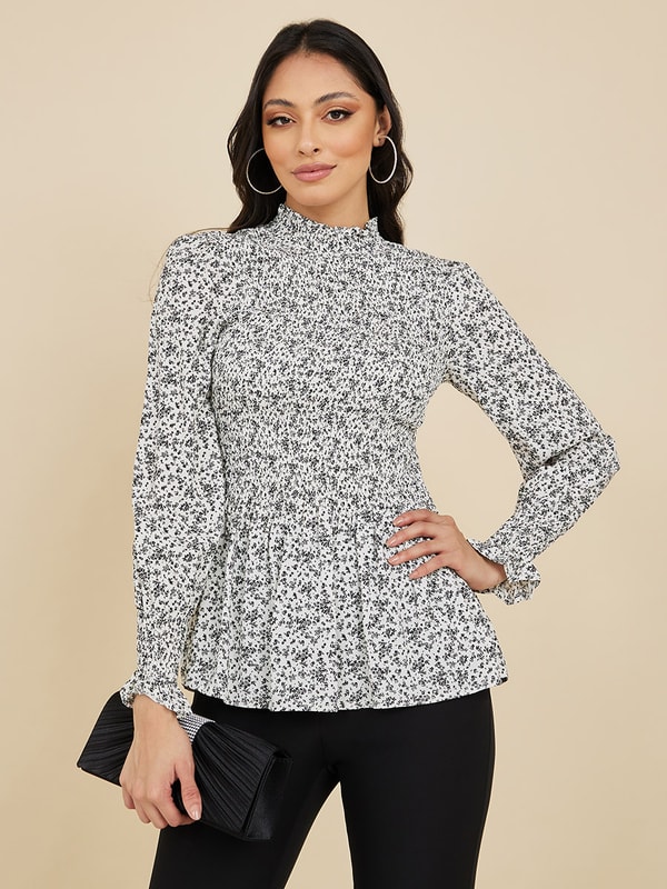 Ditsy Print High Neck Peplum Top