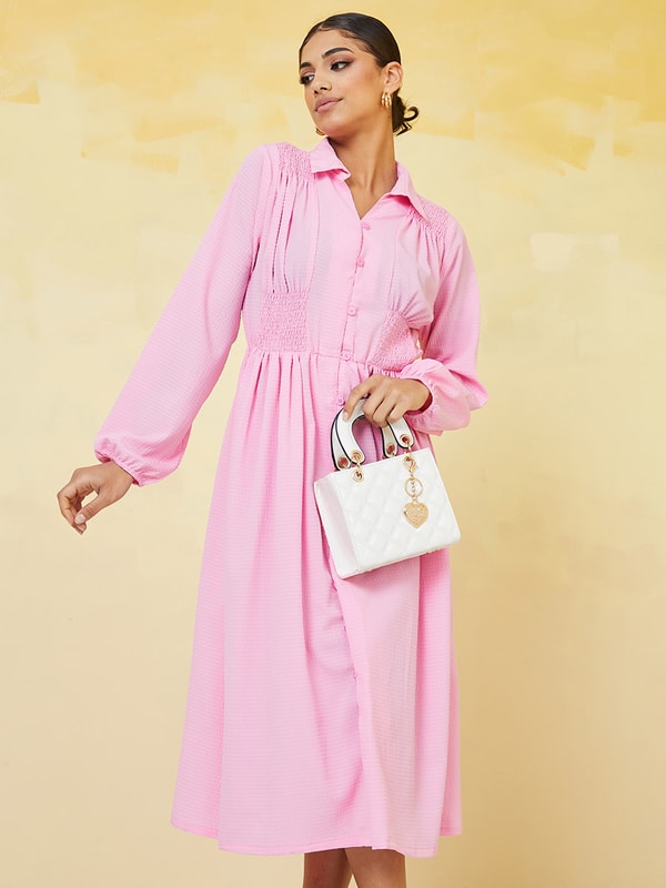 Buy Textured Balloon Sleeve A-Line Midi Dress Pink For Women