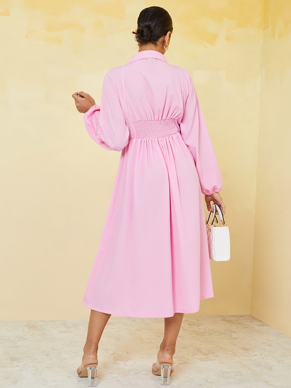 Buy Textured Balloon Sleeve A-Line Midi Dress Pink For Women