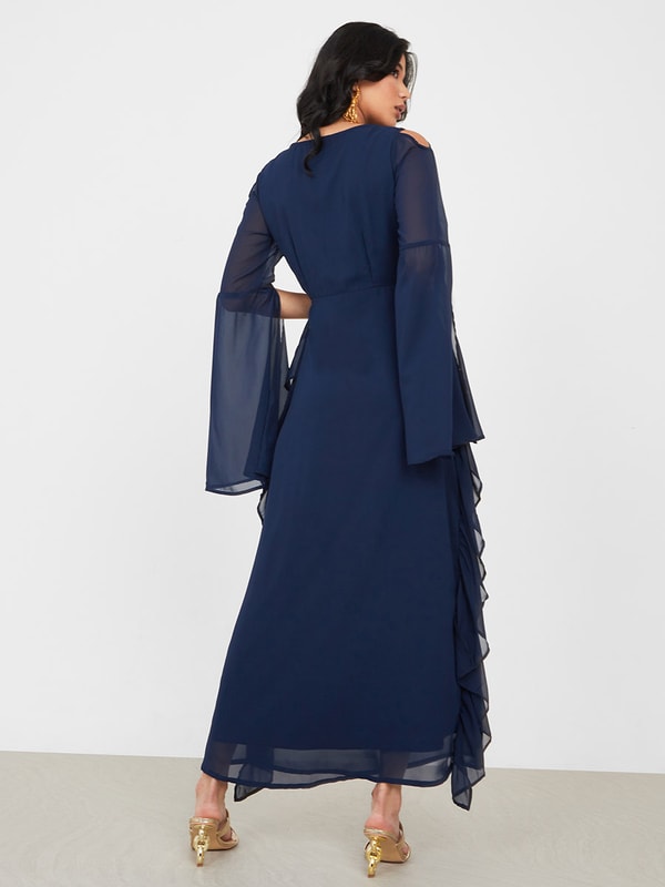 Buy Slit Bell Sleeve Beaded Maxi Dress Navy Blue For Women