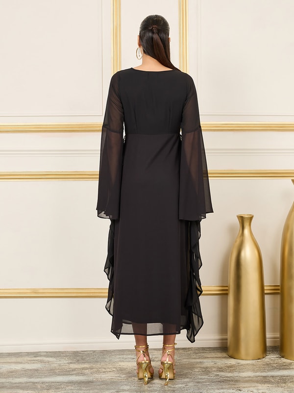 Buy Slit Bell Sleeve Beaded Maxi Dress Black For Women